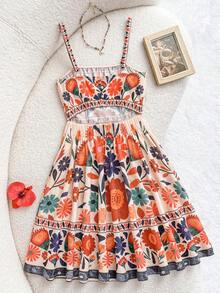 SHEIN 儿童春夏少女连衣裙，复古碎花休闲度假连衣裙，波西米亚风露背吊带短款连衣裙，褶皱无袖设计，常规版型，热带风情，撞色拼接，碎花图案，复古吊带短裙，春夏休闲日常穿着，可爱碎花女童连衣裙，复古女童连衣裙，夏季花园派对连衣裙，碎花夏季连衣裙，青少年碎花连衣裙，杏色碎花连衣裙，可爱夏季连衣裙，波西米亚风碎花连衣裙 - 彩色 - 查看 2