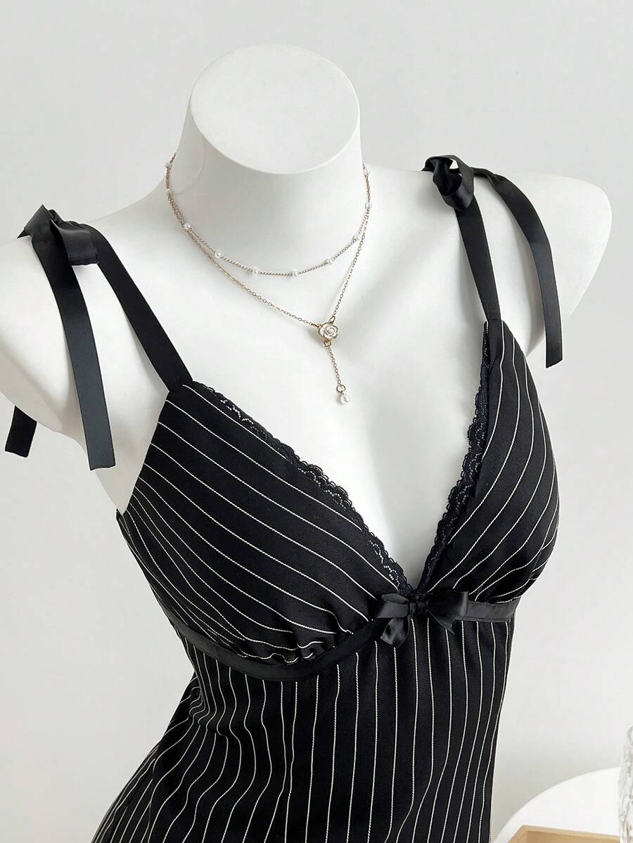 Elamini 女士条纹印花打结蕾丝拼接吊带连衣裙 - 黑色 - 查看 1