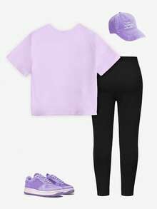 SHEIN 春夏秋季少女休闲时尚创意个性清新简约虚拟少女组合彩色爱心星星图案字母标语印花舒适基础款短袖T恤和打底裤套装，温暖的夏秋风格，适合春、夏、秋季穿着。 - 彩色 - 查看 2