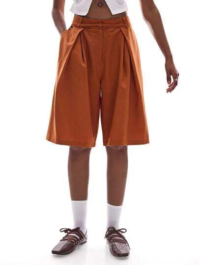 Aveloria Affinna New Casual Fashion Simple Pleated Wide Leg Capri Pants, Modern Urban Style With D-Ring Metal Buckle Belt Decoration, Women Shorts