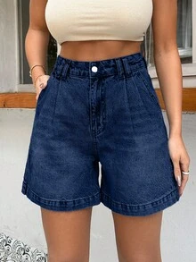 EURMUSE Pantaloncini in cotone 100% a vita alta, taglio dritto con dettagli - Blu lavato medio - Visualizzare 3