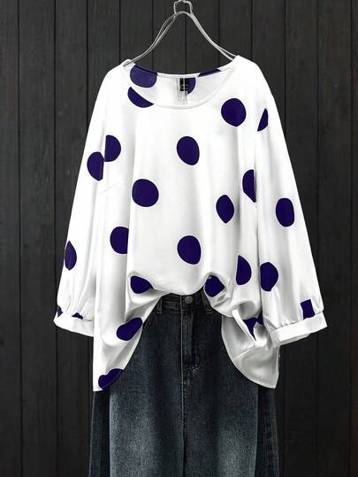 SHEIN CURVE+ Elegant Commute & Vacation Style Casual Women's Fashion Bestselling Versatile Comfortable Fabric Round Neck Long Sleeve Regular Design Black & White Plus Size Blouse, Spring/Summer/Autumn