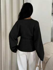 Siren Gaze Women's Solid Color Button-Up Fitted Waist Knit Cardigan, Casual Everyday Wear, Autumn/Winter - Black - View 2