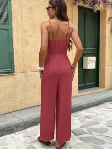 Serisse Women's Solid Color Backless Ruffle Trim Casual Jumpsuit - Redwood - View 7
