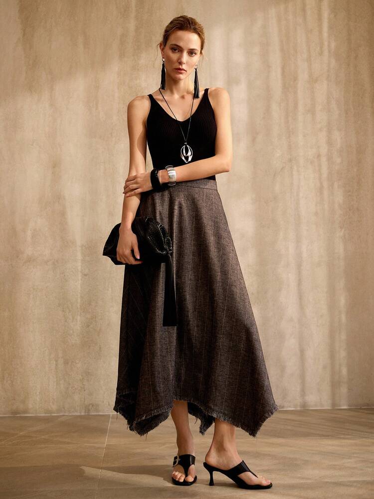 STRIPED LINEN A-LINE SKIRT WITH HEMLINE, VINTAGE STYLE, SPRING/SUMMER