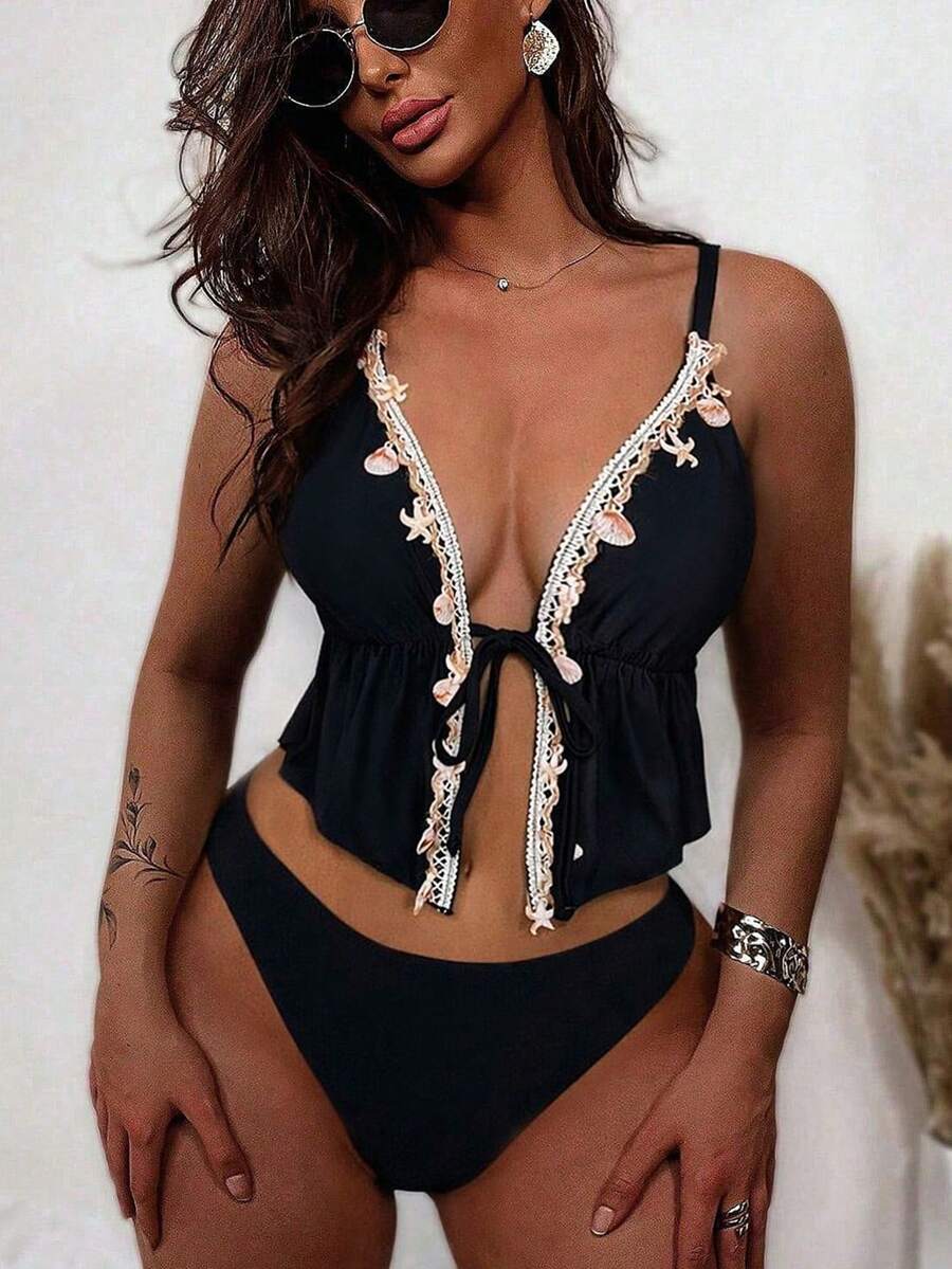 Swim SXY Solid Color Spaghetti Strap Backless Tie Front Seashell Chain Trim Sexy Cute Girl Beach Bikini Set, Women 2-Piece Swimwear - Black - View 1