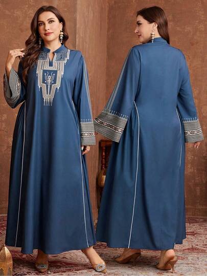 Al Najma Women's Long Sleeve Print Trim Loose Elegant Plus Size Arabic Dress Kaftan Jalabiya Dress