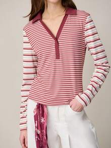 Nöista 修身条纹长袖Polo衫，纽扣门襟，休闲版型。百搭款式，适合节日装扮、春季穿搭和日常休闲穿着。 - 粉色 - 查看 4