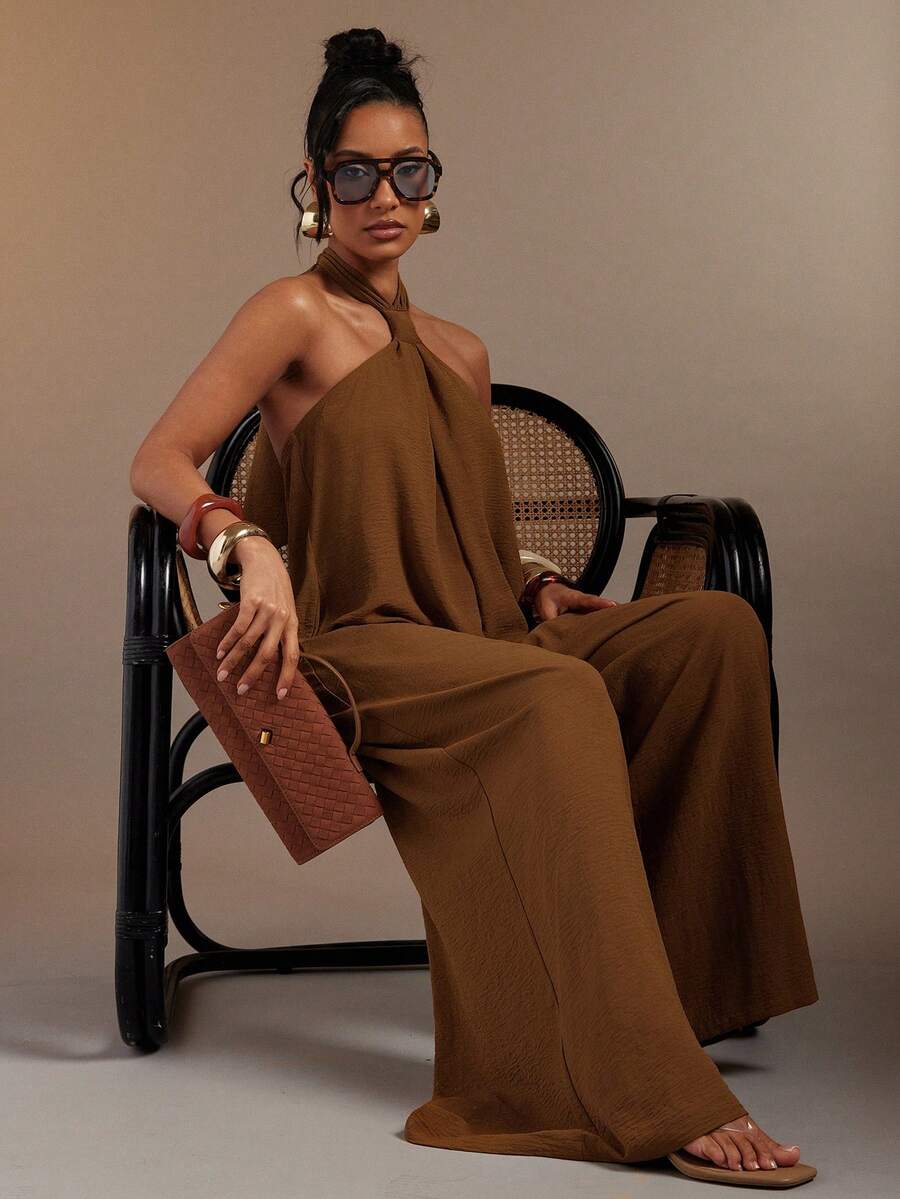 Hauture Women's Sexy Solid Color Backless Halter Neck Loose Jumpsuit - Camel - View 1