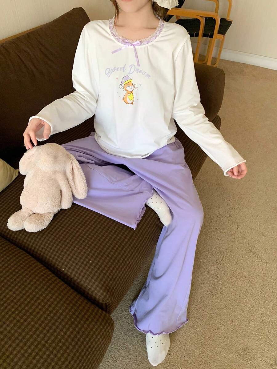 DAZY 2pcs Women Rabbit Pattern Loose Long Sleeve & Pants Pajama Set, Autumn - White - View 1