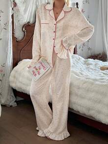 SHEIN Women's Spring/Autumn Heart Print Lapel Long Sleeve Pajama Set - Apricot - View 5