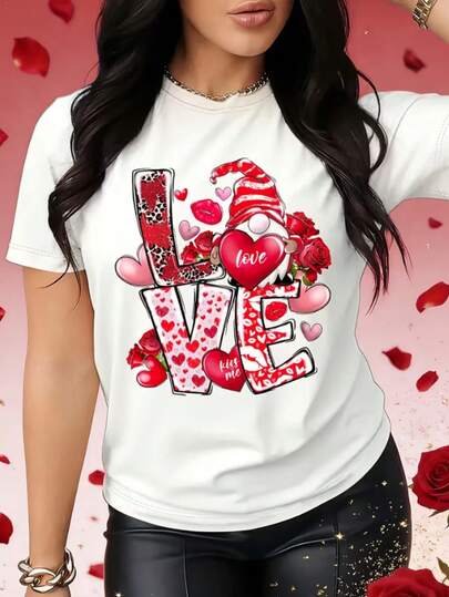 Ladies' Casual  | Valentine'S Day LOVE Letter Pattern Printed - Delicate, Holiday Gift, Casual Crew Neck Top | Breathable, Lightweight, Comfortable, Perfect for Spring and Summer Wardrobes