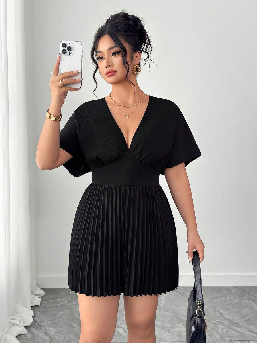 Elenzga Bộ jumpsuit nữ thời trang thanh lịch tay cánh dơi cổ chữ V xếp ly - màu đen - Xem 1