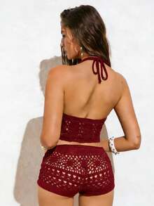 Avantive 2026 Latest Style: Elegant Retro-Style Openwork Knit Burgundy Shorts For Vacation, Relaxation, And Beach Wear - Burgundy - View 2