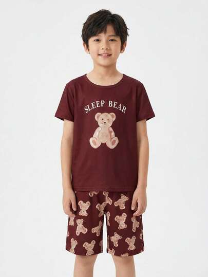 2pcs/Set Boys' Casual Coffee Color Round Neck Short Sleeve Top And Shorts Set, Featuring Cartoon Watercolor Bear Pattern, Soft & Comfortable Fabric, Spring/Summer Homewear Gift, Relaxed Outfit For Parent-Child Interaction