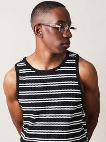 SUMWON Ribbed Tank Top With Horizontal Striped Pattern Crew Neck Sleeveless Summer Casual Everyday Wear - Black and White - View 1