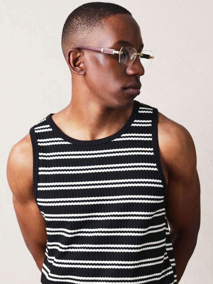 SUMWON Ribbed Tank Top With Horizontal Striped Pattern Crew Neck Sleeveless Summer Casual Everyday Wear - Black and White - View 1