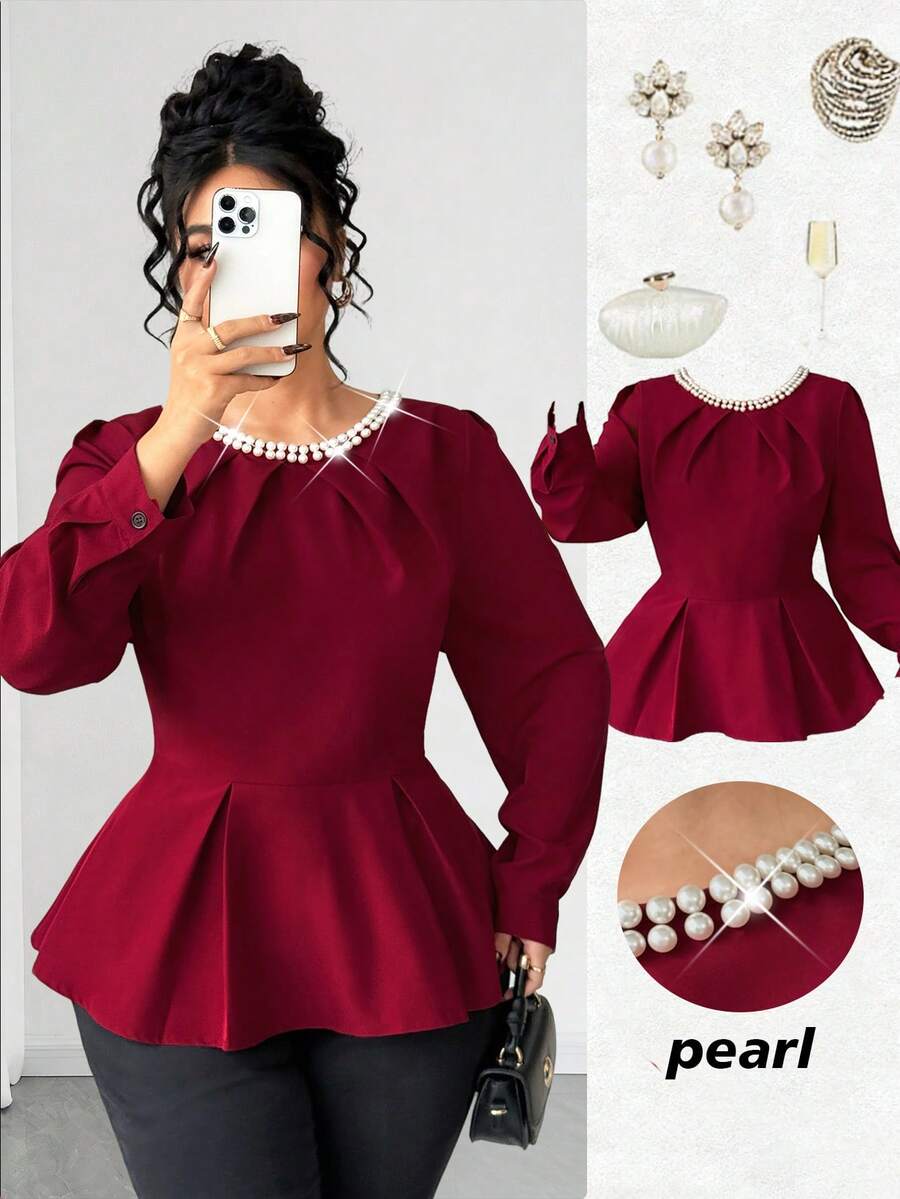 Elenzga Áo cánh dáng chữ A dài tay cổ tròn xếp ly đính hạt cỡ lớn dành cho nữ, dáng rộng thanh lịch, mặc hàng ngày, hẹn hò, tiệc tùng, đi làm - Đỏ - Xem 1