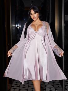 SilkySpell 性感浪漫刺绣蕾丝边V领缎面吊带裙和系腰睡袍套装，舒适大码，粉色 - 粉色 - 查看 6