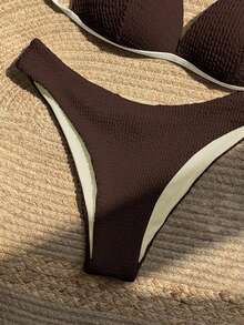 SHEIN Swim Solid Color Halter Tie Front Bikini Swimwear, Suitable For Summer Solid Color Bikini Set Vacation Bikini Set High Cut Bikini Set Ribbed Bikini Modest Bikini Set Brown Bikini Set Brown Bathing Suit Women Beach Bikini Set - Brown - View 3