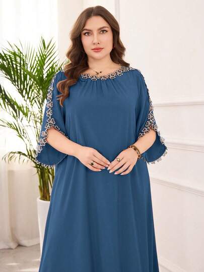 Lacomfia Plus Size Elegant Floral Applique Open Sleeve Dress