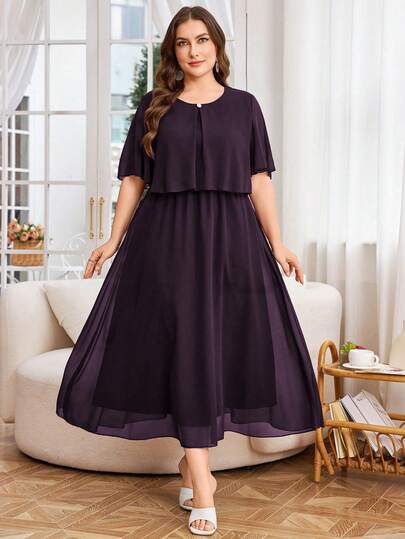 Modelyn Đầm nữ cỡ lớn màu trơn cổ tròn thanh lịch thường ngày