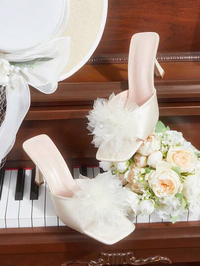 CUCCOO HITCHD Women's Square Toe Stiletto Heel Mule Shoes, Sexy Fashion Floral Mesh Slip-On Sandals, Suitable For Dresses, Party, Nightclub