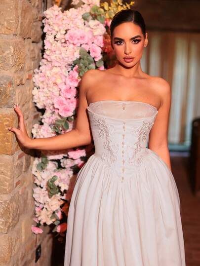 Glamrae Elegant Vintage Luxury Romantic French Embroidered Lace Off-Shoulder Double-Layer Collar Applique Boned Shaping A-Line Formal Dress, Suitable For Wedding, Banquet, And Formal Occasions