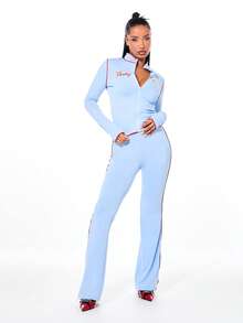 BABYPHAT 拉链前襟长袖上衣，饰有红色撞色滚边和刺绣字样细节 - 淺藍色 - 查看 6