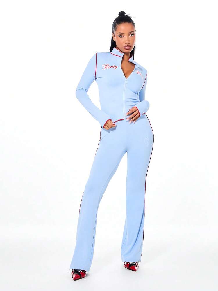 BABYPHAT Langarm-Top mit Reißverschluss, roter Kontrastsaum und Stickerei-Detail