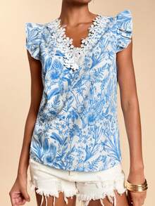 Travachic 女士印花装饰V领短袖时尚衬衫，适合度假休闲场合，夏季假期、春假、派对、海滩、春季、情人节、女士情人节、狂欢节服装，优雅、印花、狂欢节、春夏、派对、夏季上衣、情人节上衣、婚礼宾客上衣、生日上衣、派对上衣、优雅女士上衣、印花上衣、夏季上衣、狂欢节服装、墨西哥风情波西米亚风女士上衣 - 藍白色 - 查看 3