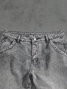 Manfinity ZONE917 男士口袋破洞宽松阔腿休闲牛仔裤 - 淺灰色 - 查看 3