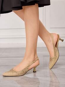 Tacones altos de moda versátiles para uso diario con diseño de hebilla y cristales para mujer, ideales para Navidad - Dorado - Ver 5