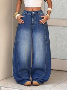 SHEIN Women's Fashion Casual Washed Slant Pocket Loose Fit Jeans - Blue - View 8