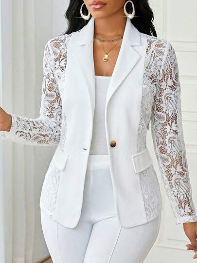 SHEIN Lady 女士简约优雅纯色通勤撞色蕾丝单扣薄款西装外套