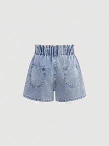 Girlism 少女夏季休闲浅色水洗可爱荷叶边腰部口袋爱心刺绣宽松阔腿短裤，春夏款，舒适时尚，休闲街头风，适合春夏穿着，夏季度假波西米亚风，夏季牛仔短裤，海滩度假，抽绳腰带短裤，夏季，度假风，适合海滩度假，Y2K，毕业季 - 淺色水洗藍 - 查看 2