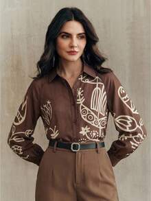 Anewsta Brown Versatile Long Sleeve Loose Retro Print Modern Elegant Casual Office Lady Shirt - Brown - View 6