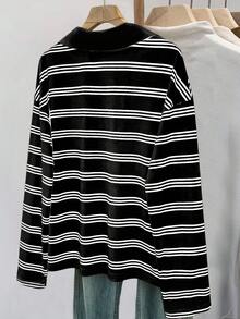 Everyssa Camiseta de manga larga de ajuste holgado con estampado de rayas de contraste, para uso casual y diario, ideal para primavera/otoño - Negro - Ver 2