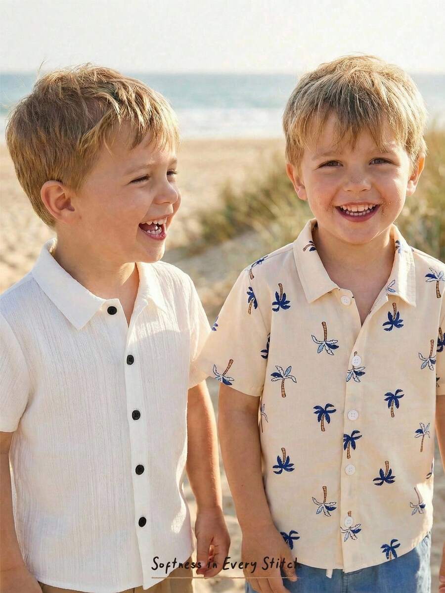 Cozy Pixies 2pcs/Set Young Boys Palm Tree Pattern Lapel Short Sleeve Button-Up Textured Fabric Shirt Set - Multicolor - View 1