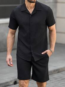 Manfinity Homme Men's Black Summer Casual City Break Retro Solid Textured Jacquard Short Sleeve Shirt And Shorts Set,Old Money Style Two Piece Outfit For Vacation - Black - View 3