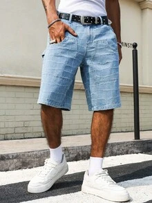 Manfinity Hypemode Men's Casual Streetwear Multi-Pocket Distressed Blue Denim Cargo Shorts - Light Wash - View 8