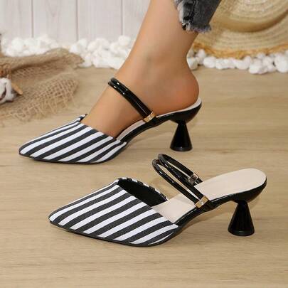 Zapatos de tacón bajo con punta afilada, rayas de colores y dos opciones de uso. Elegantes zapatos de tacón alto.