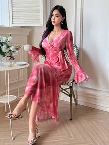 DAZY 女士优雅花卉V领喇叭袖系带衬衫和鱼尾裙两件套，春夏款 - 粉色 - 查看 6