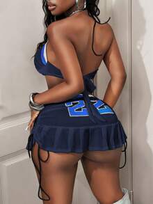 BamGleam 女士性感时尚街头字母撞色条纹图案露背系带露脐上衣和超短迷你裙两件套 - 彩色 - 查看 2