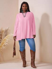 SHEIN CURVE+ Camiseta holgada de manga larga con cuello redondo, hombros caídos, bajo con abertura y unicolor, para mujer de talla grande, ropa de verano/otoño, CURVE PLUS - Rosa - Ver 6