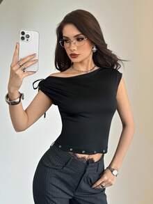 Modelyn Women's Solid Color Tie Shoulder Design Fitted Fashion T-Shirt Black Top One Shoulder Top Sexy Top Off The Shoulder Top Cap Sleeve Top One Sleeve Top Classy Top - Black - View 1