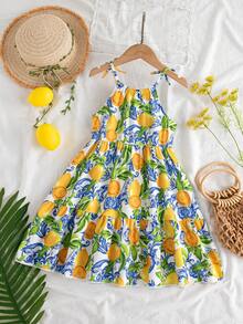 女童无袖柠檬印花连衣裙，度假风，时尚百搭，适合夏季海滩穿着 - 彩色 - 查看 2