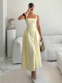 Siren Gaze 优雅女士黄色格子图案长连衣裙，方领交叉露背设计；女士格子方领中长连衣裙；黄色格子束腰露背长连衣裙；黄色吊带连衣裙；女士黄色夏季连衣裙；女士吊带连衣裙；长款野餐连衣裙；柠檬黄连衣裙 - 淡黃色 - 查看 6