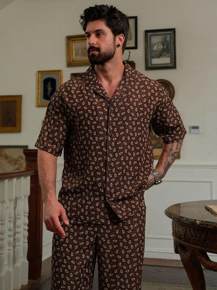 Men's Floral Print Short Sleeve Shirt And Pants Pajama Set, Spring/Summer