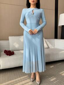 DAZY Vestido Midi Elegante Feminino de Cor Sólida com Recortes Vazados e Pregas, Vestido de Convidada de Casamento Primavera/Verão Vestido Longo Vestido Casual - Azul - Visão 4